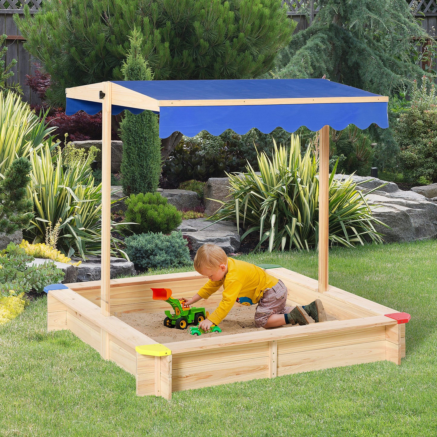 Sandpit, Kids Wooden Sandbox with Adjustable Canopy, Bench Seats & Protective Corners for 3-6 Years Boys Girls, 120x120x120cm