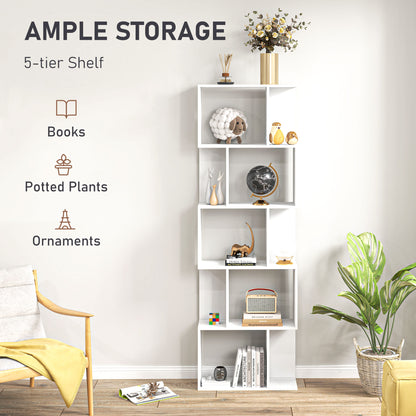 Bookcase, S-Shaped Wooden Bookshelf, 5 Tiers Freestanding Storage Shelf, Home Office Display Stand Rack, White