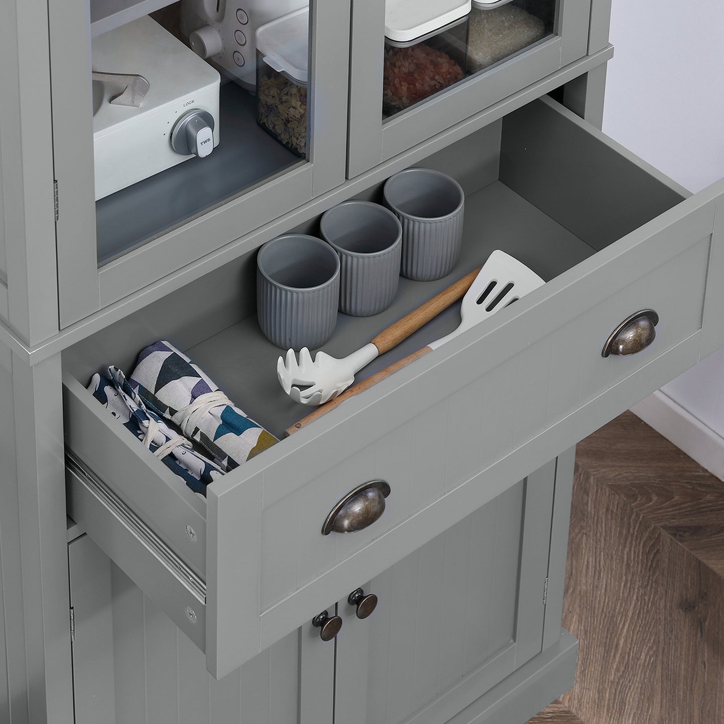 180cm Tall Kitchen Pantry Cupboard, Freestanding Storage Cabinet with 5 Tier, Adjustable Shelves, Drawer, Grey
