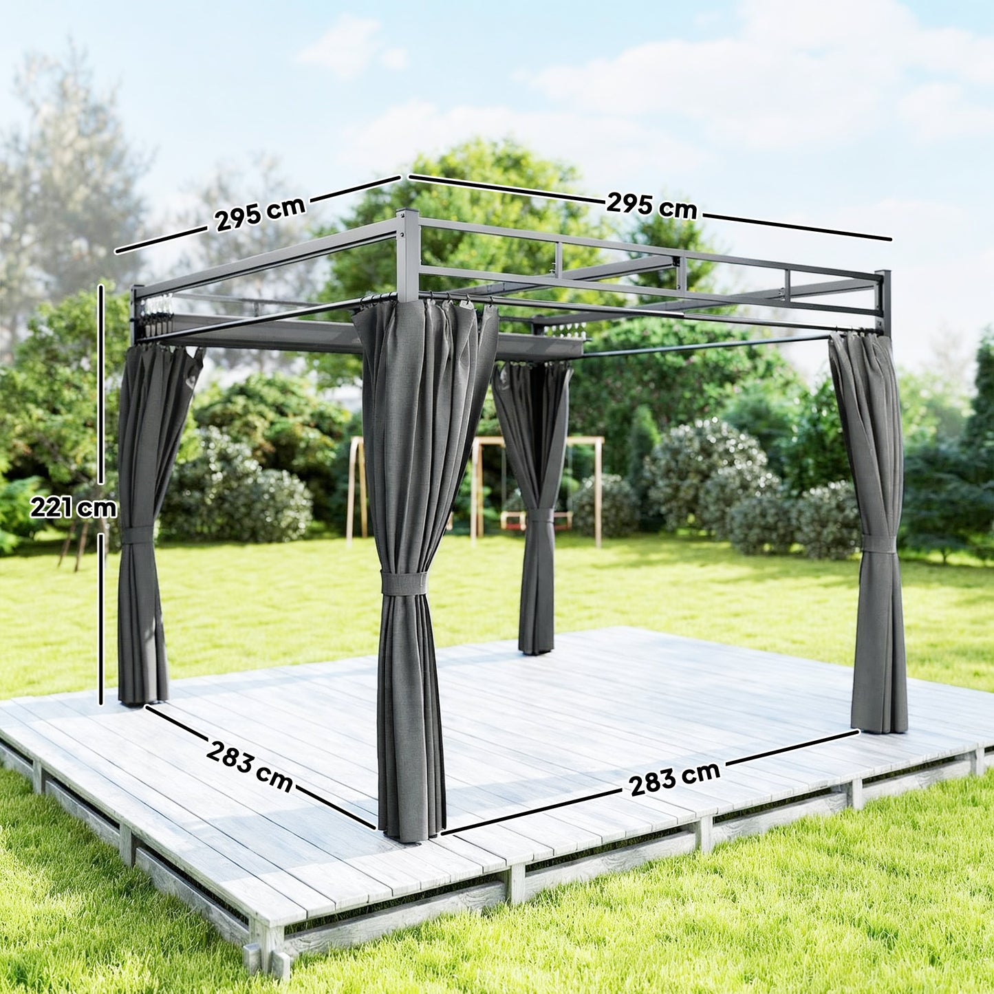 3 x 3 m Pergola with Retractable Roof Canopy and Curtains, UPF30+ Metal Frame Garden Pergola Gazebo Sun Shade, Dark Grey