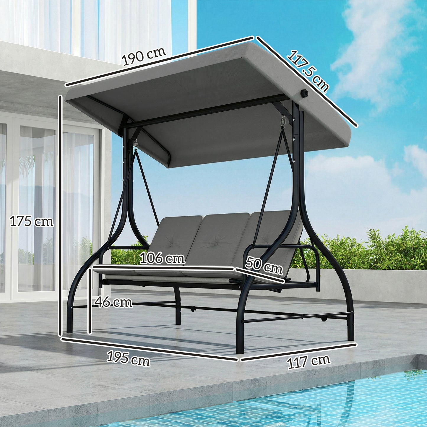 3 Seater Canopy Swing Chair, 2 in 1 Garden Swing Seat Bed, with Adjustable Canopy and Metal Frame, Light Grey