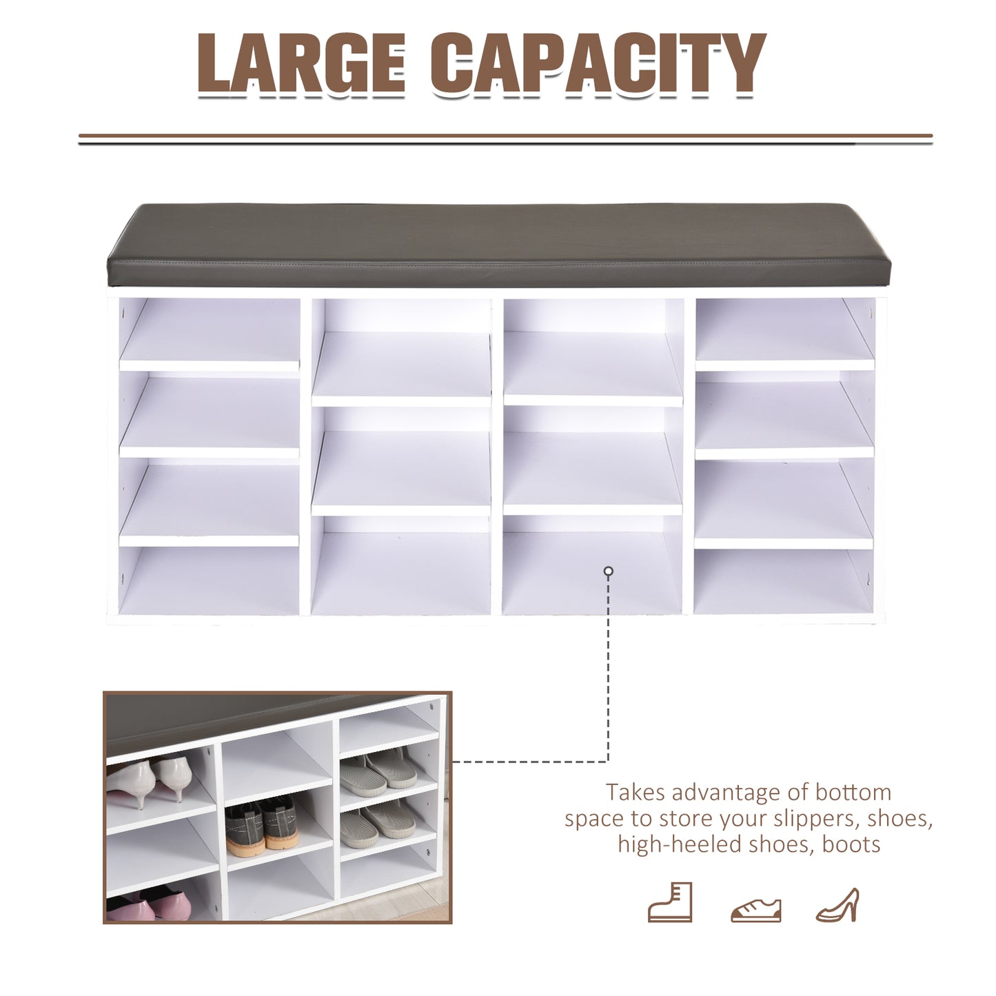 Multi-Storage Shoe Rack with 14 Compartments Cushion Moving Shelves, Solid Frame Foot Pads, White