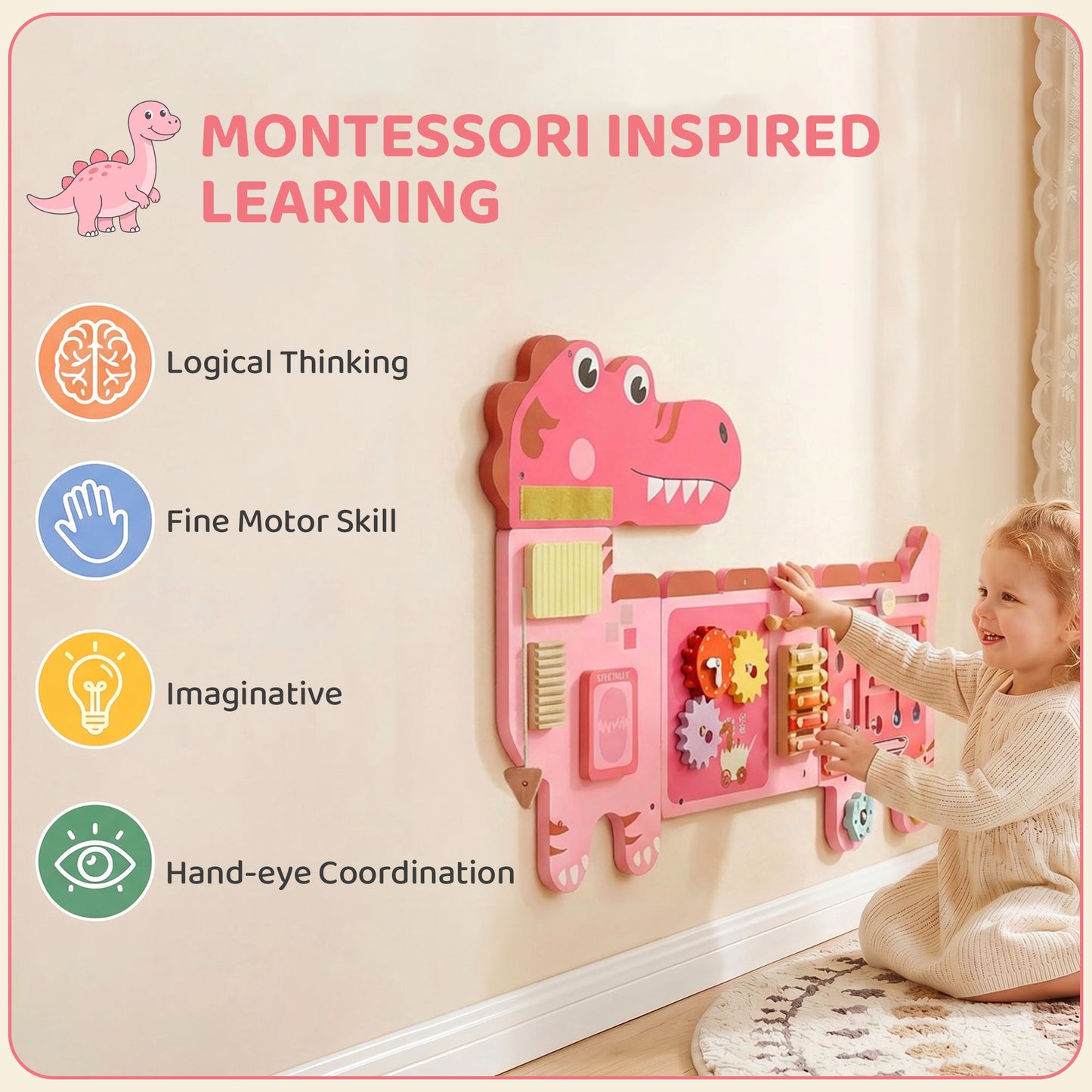 Busy Board Panels, Wall Mounted Montessori Inspired Busy Board, Toddler Learning Centre Dinosaur Theme, Pink