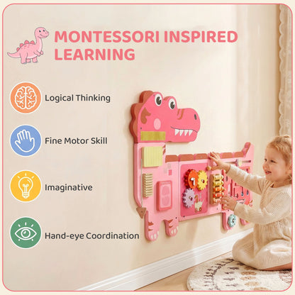 Busy Board Panels, Wall Mounted Montessori Inspired Busy Board, Toddler Learning Centre Dinosaur Theme, Pink