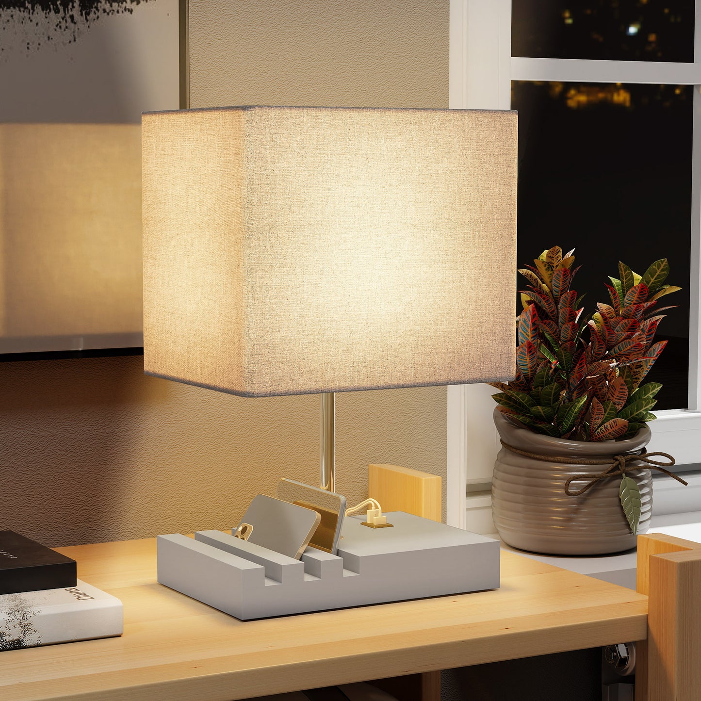 Bedside Lamp with USB A+C Charging Ports and 3 Phone Stands