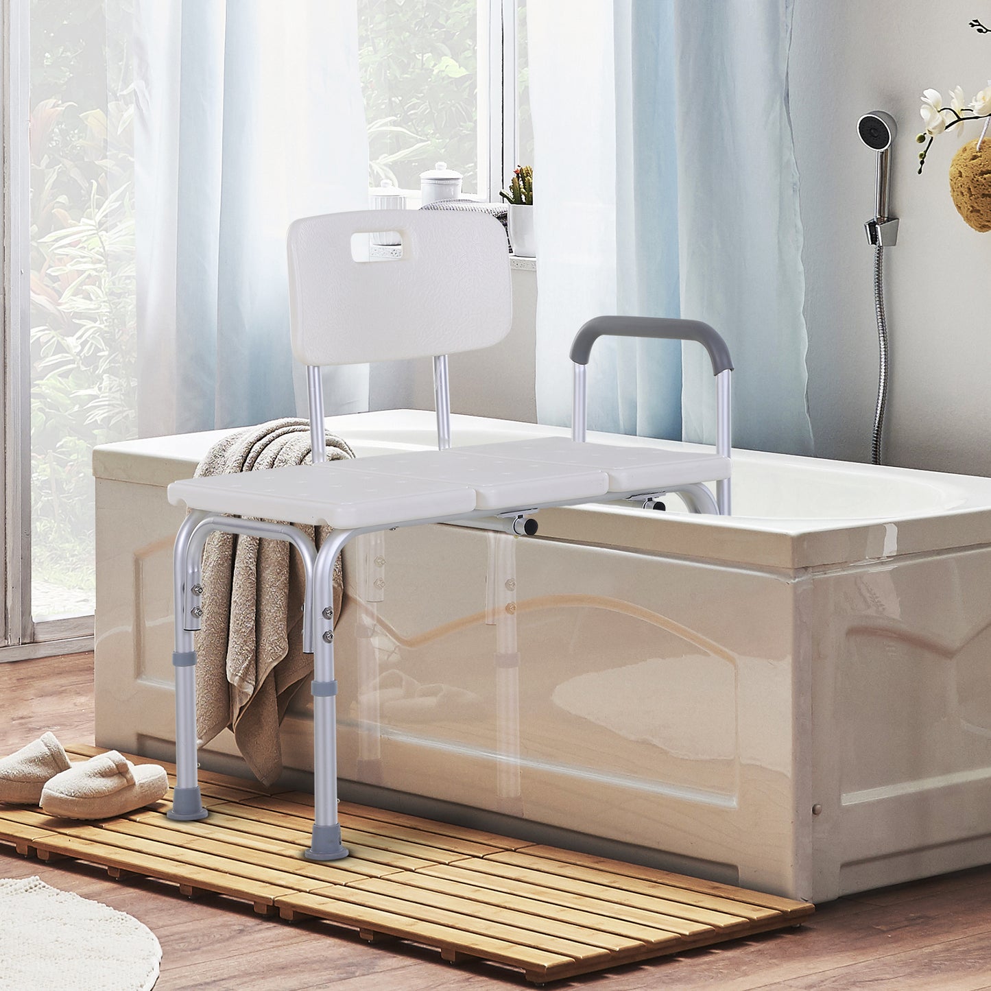 Height Adjustable Shower Chair, Non Slip Bath Transfer Bench for Elderly, Disabled with Armrest and Backrest