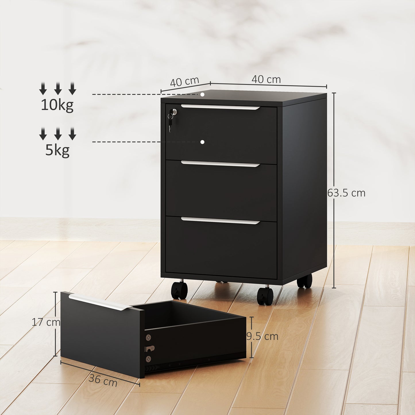 Three-Drawer Locking Filing Cabinet - Black
