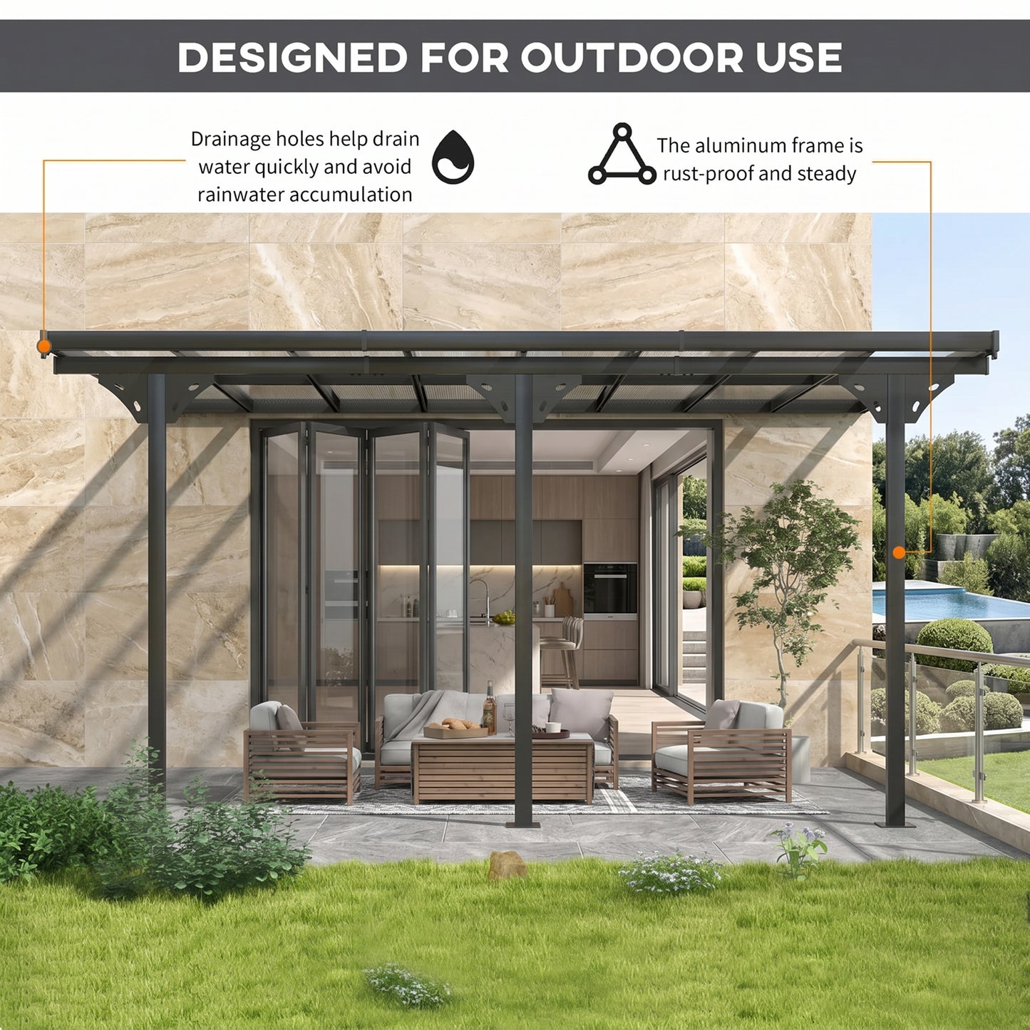 4.35 x 3m Outdoor Patio Gazebo Pergola, Retractable Pergola Canopy Aluminum Post & PC Roof, Grey