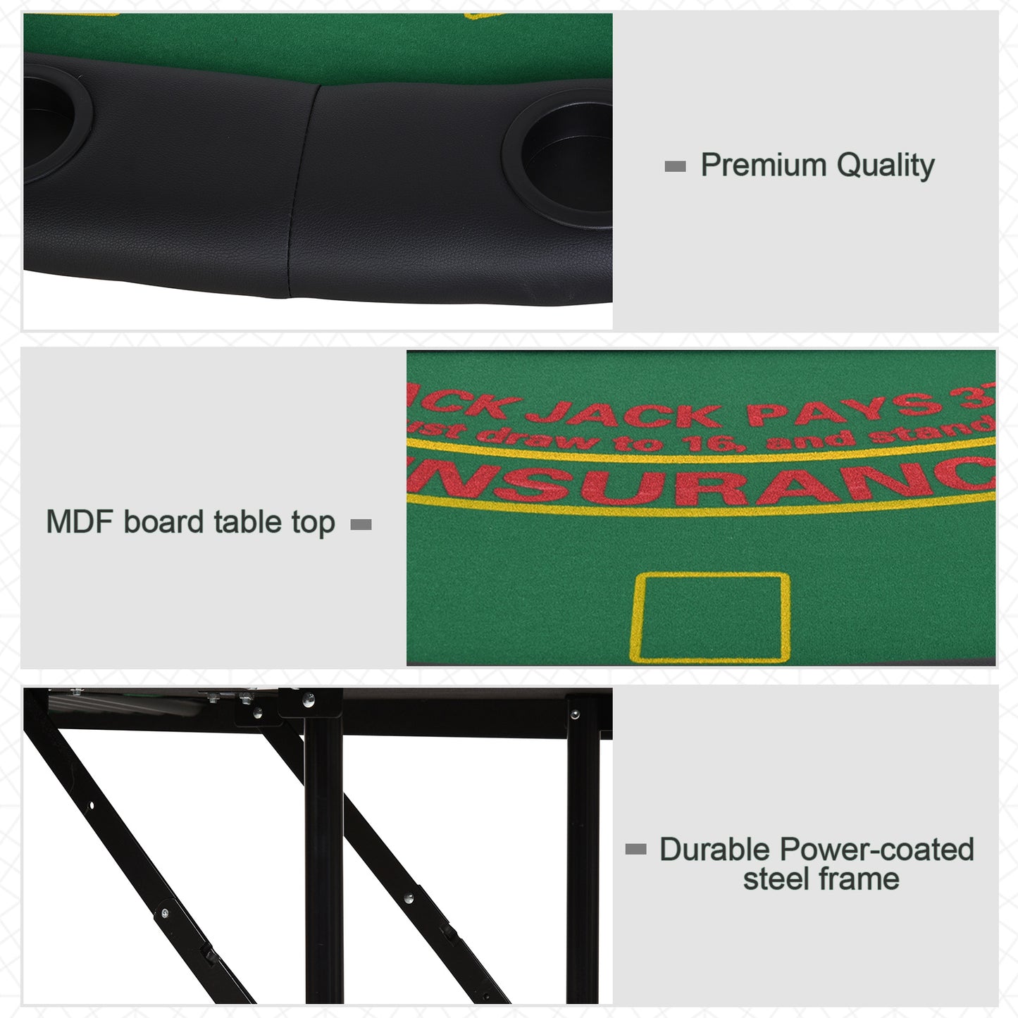 Poker Table, 7-Player Folding Blackjack Table with Chip Tray, Cup Holders, Padded Rails, 182 x 91 x 75 cm, Green