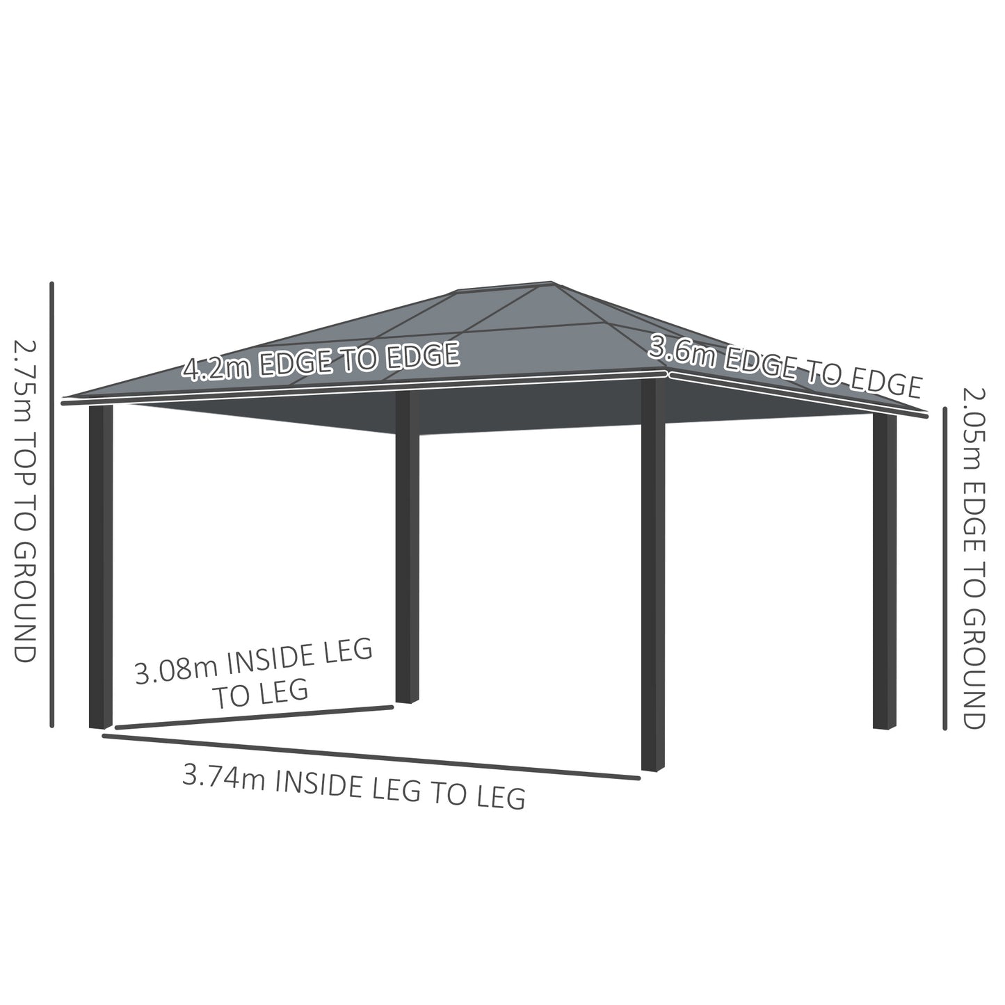 3.6 x 4m Hardtop Gazebo Canopy with Polycarbonate Roof and Aluminium Frame