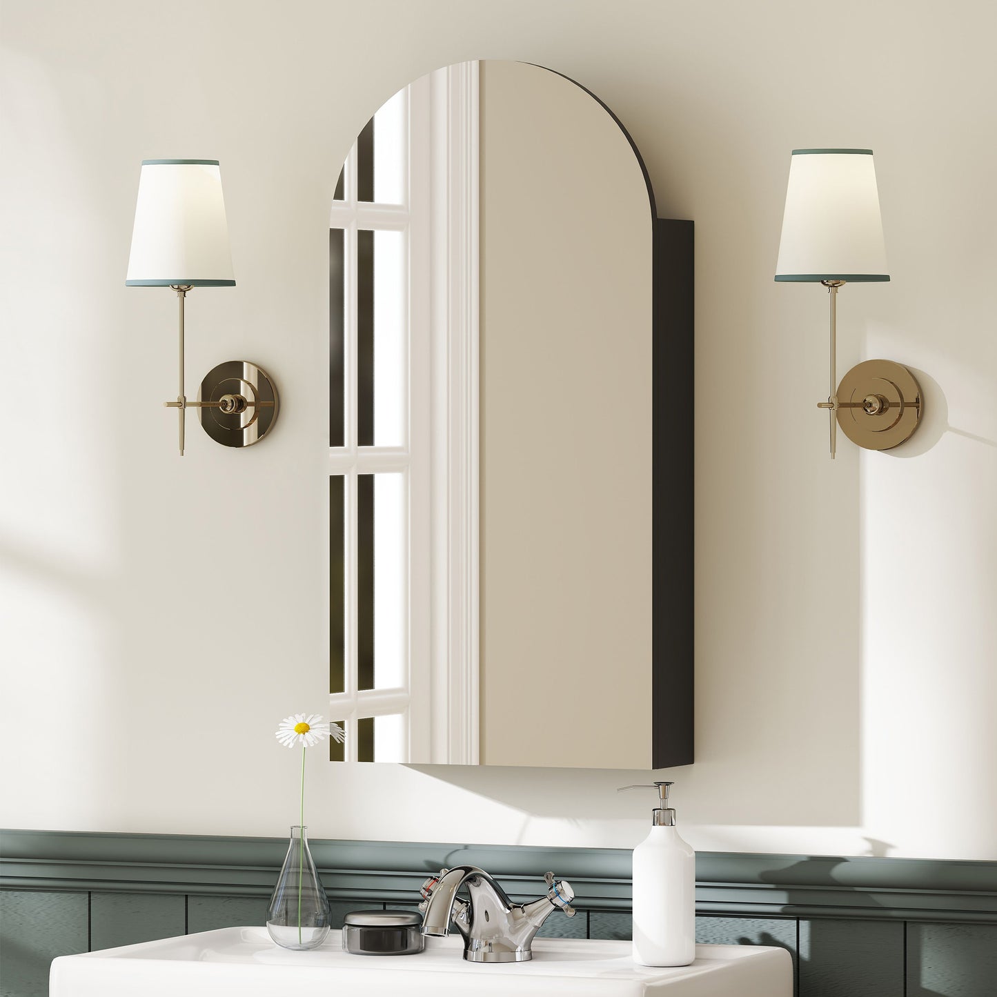 Arched Bathroom Mirror Cabinet with Adjustable Glass Shelves - Black