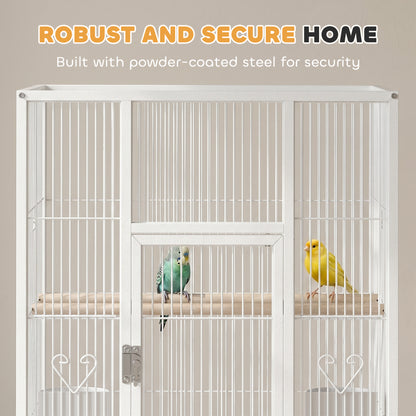 Bird Cage Detachable with Rolling Stand Parrot Cage with Storage Shelf White