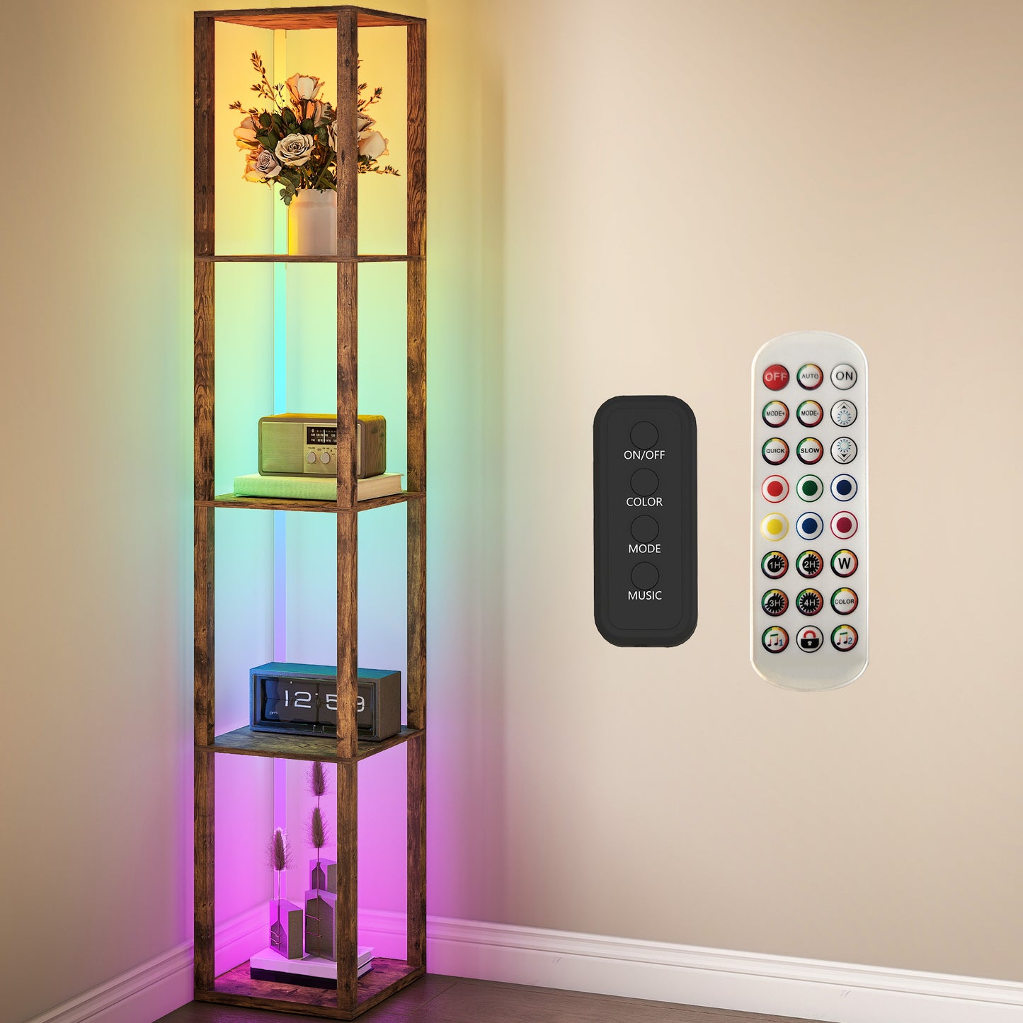 RGB LED Floor Lamp with Shelves, Modern Dimmable Standing Lamp with Remote Control
