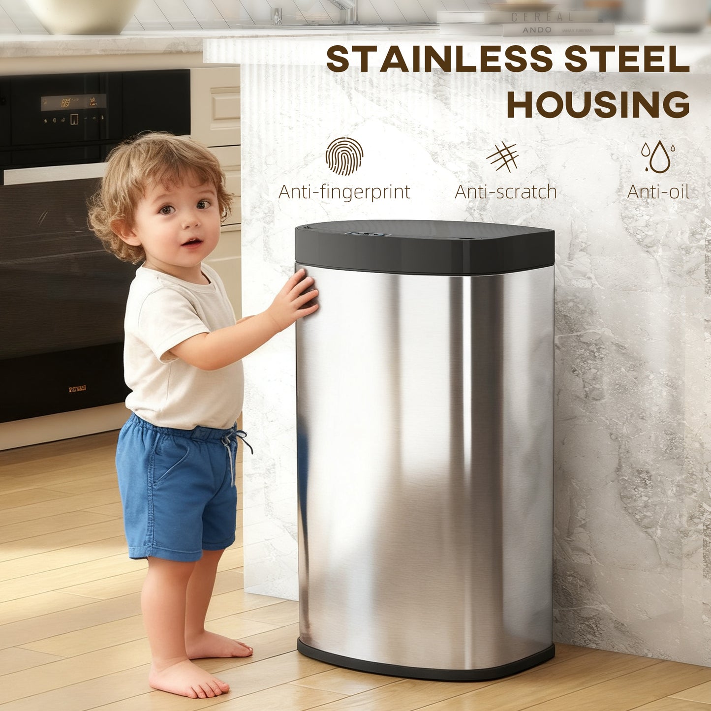55L Sensor Bin with Soft-Close Lid, Automatic Touchless Motion Sensor Kitchen Bin with Fingerprint Resistant Stainless Steel