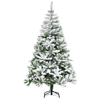 6 Ft Snow Flocked Artificial Christmas Tree Xmas Pine Tree with Realistic Branches, Auto Open and Steel Base, Green