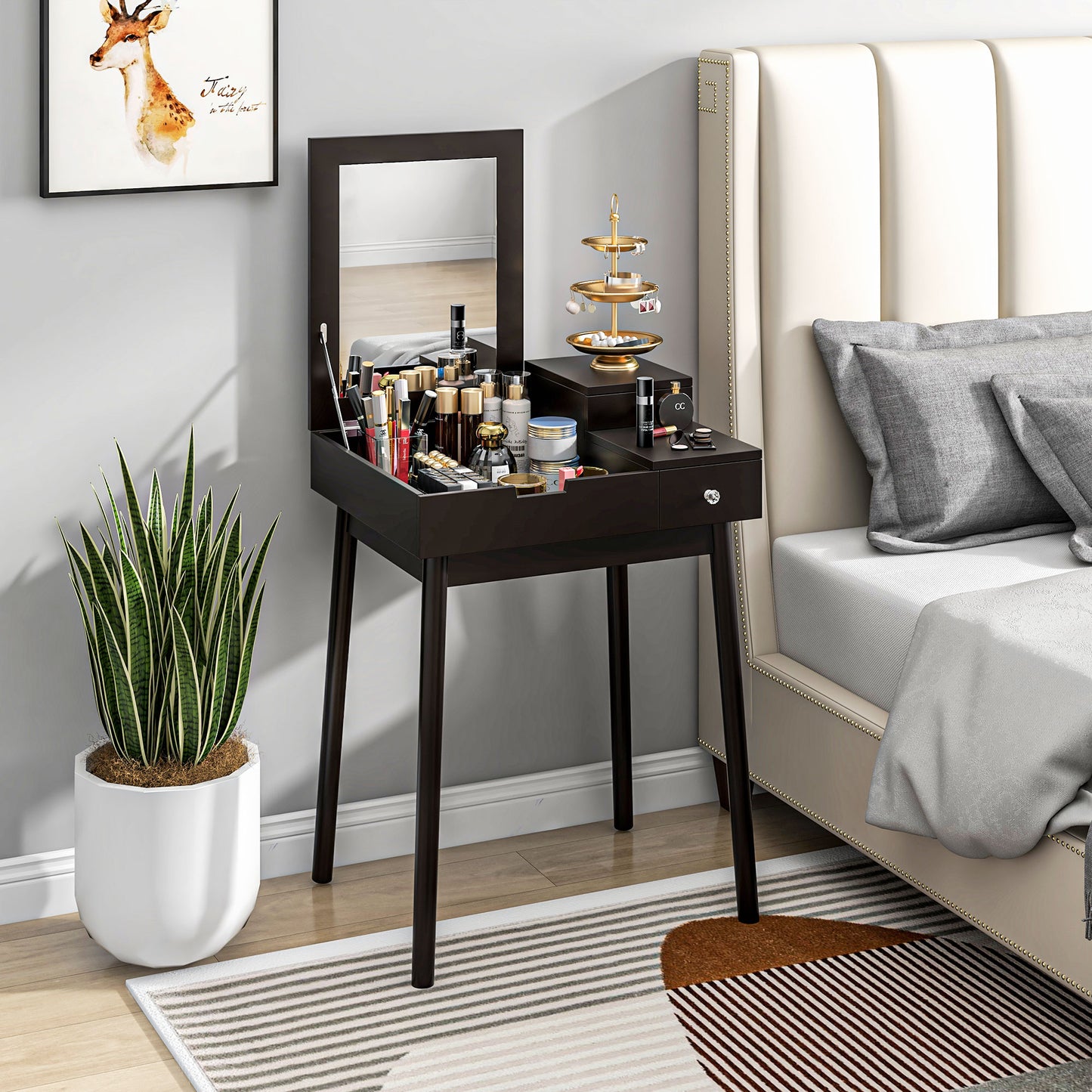 Dressing Table with Flip-up Mirror, Makeup Desk with 2 Drawers and Pine Wood Legs