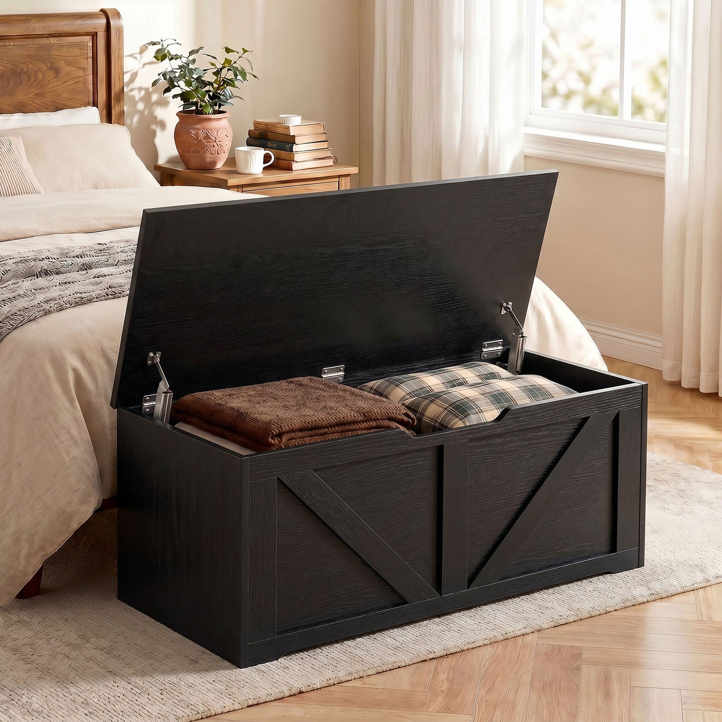 127L Home Storage Box, with Safety Hinges - Black Wood-Effect
