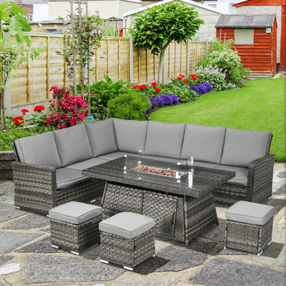 All-Season Fire Pit Patio Furniture Set Wicker Sofa Set With 50000 Btu Fire Table For Outdoor Gatherings - Grey