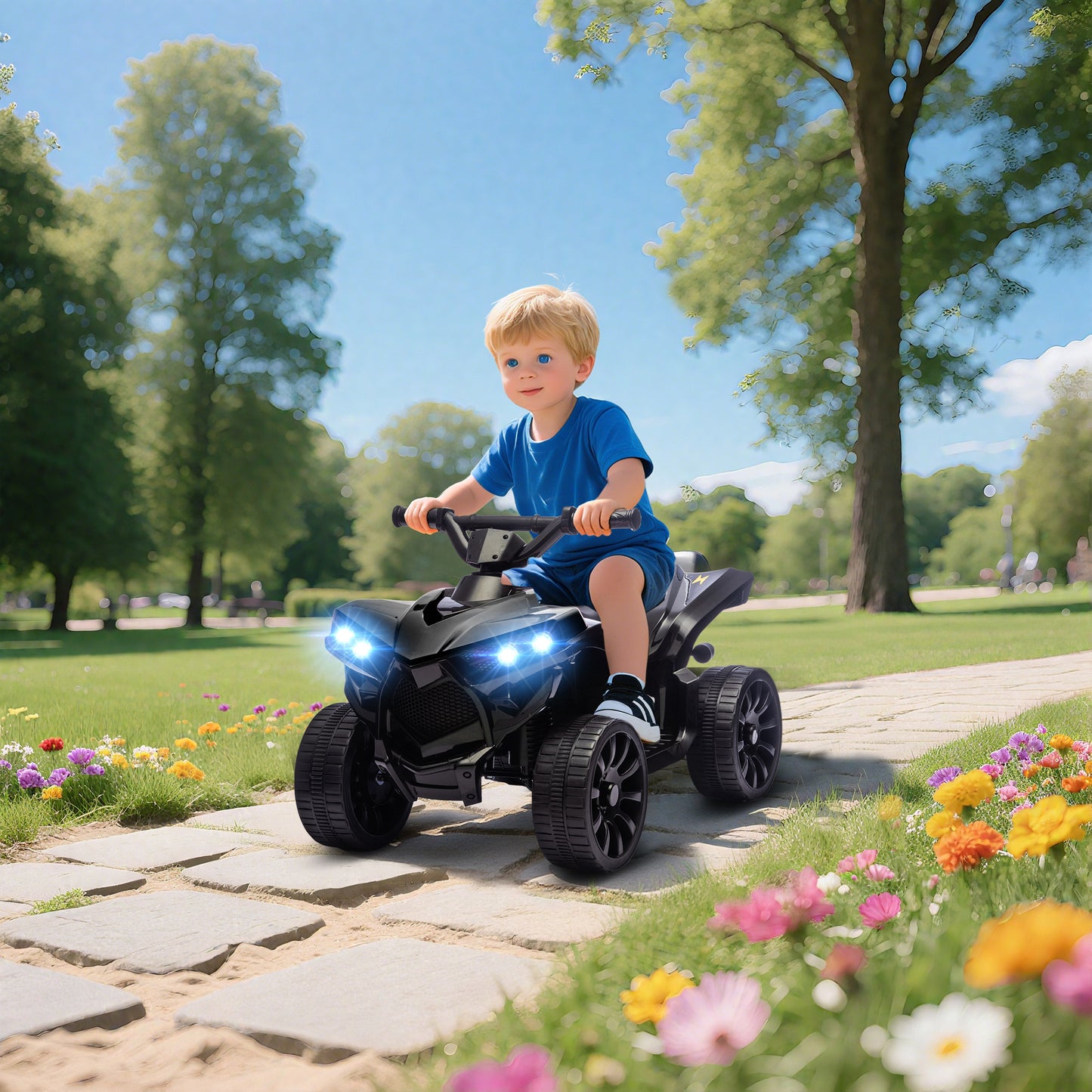 6V Kids ATV, 4 Wheeler Electric Ride on Car with Music and LED Headlights, for Ages 18-56 Months Boys and Girls, Black
