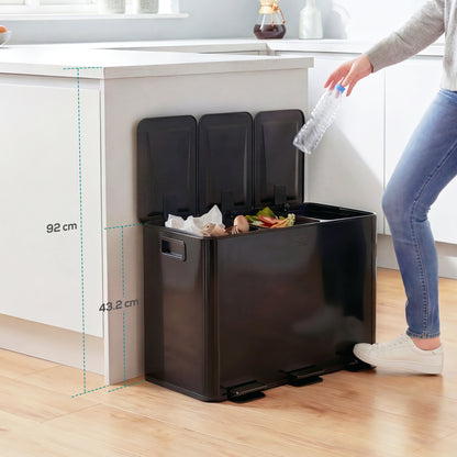 3 x 15L Pedal Bin, Steel Triple Kitchen Bin with Soft Close Lid, Removable Inner Buckets, Fingerprint-Proof, Black