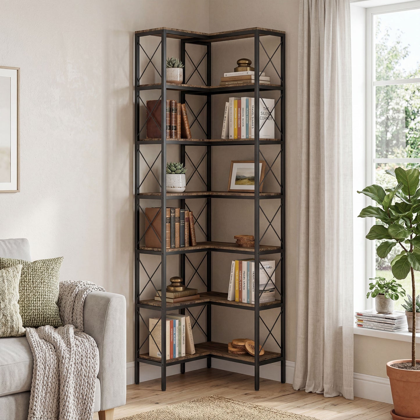 6-Tier L-Shaped Bookshelf, Freestanding Corner Bookcase with Metal Frame, Rustic Brown