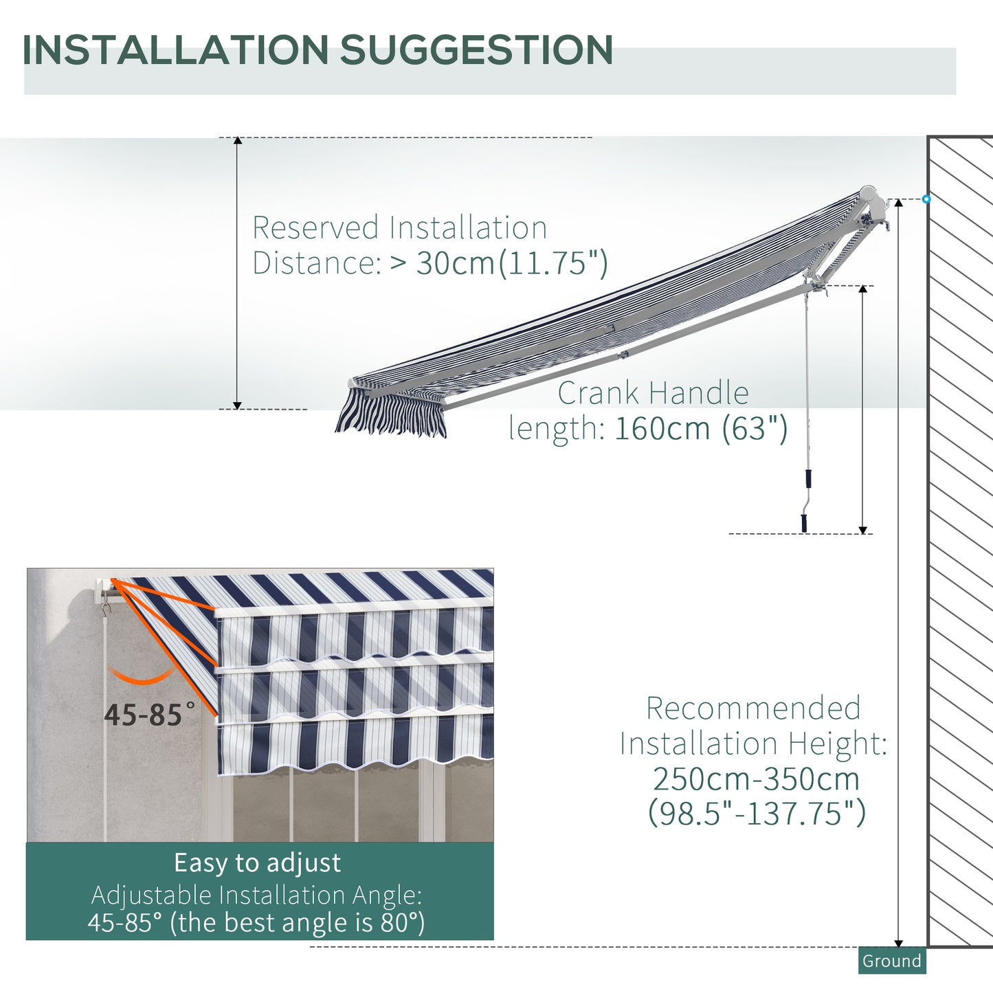Manual Retractable Awning, 3.5x2.5 m-Dark Blue/White Stripes