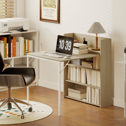 Kitchen Table, Folding Dining Table, with 4-Tier Shelves, Modern Drop-Leaf Table, Oak Wood Effect