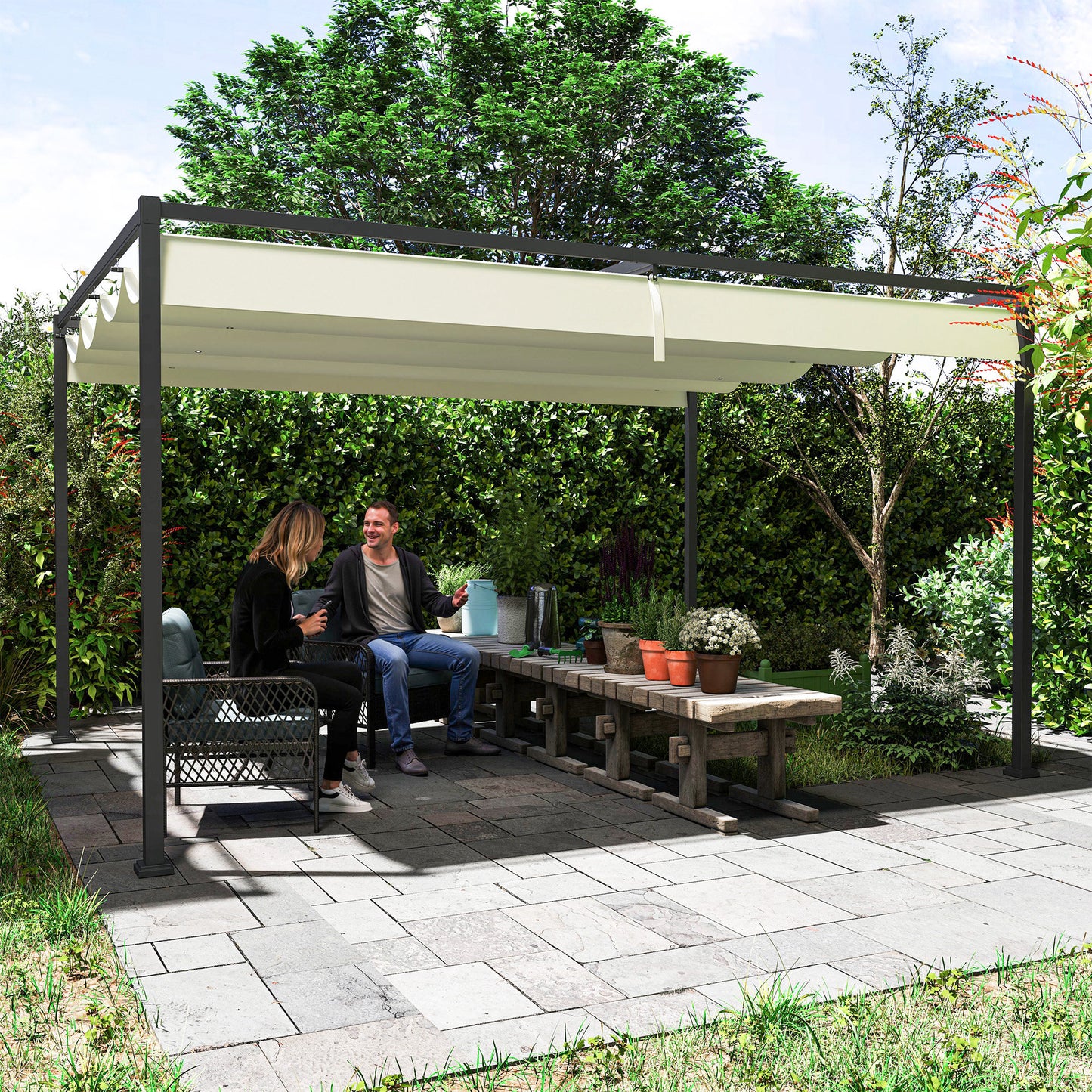 4 x 3(m) Metal Pergola with Retractable Roof, Garden Gazebo Canopy Shelter for Outdoor, Patio, Cream White