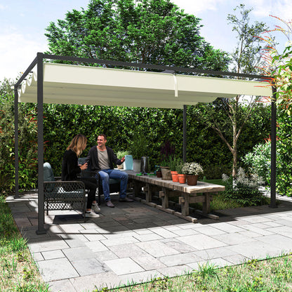 4 x 3(m) Metal Pergola with Retractable Roof, Garden Gazebo Canopy Shelter for Outdoor, Patio, Cream White