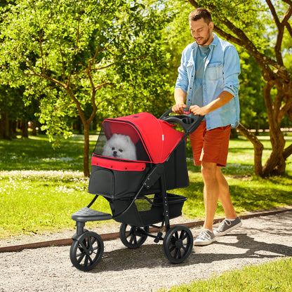 Dog Stroller Foldable Pet Pram for Small Miniature Breeds, Cats, 3 Wheels Dog Pushchair with Brake, Cupholder, Red