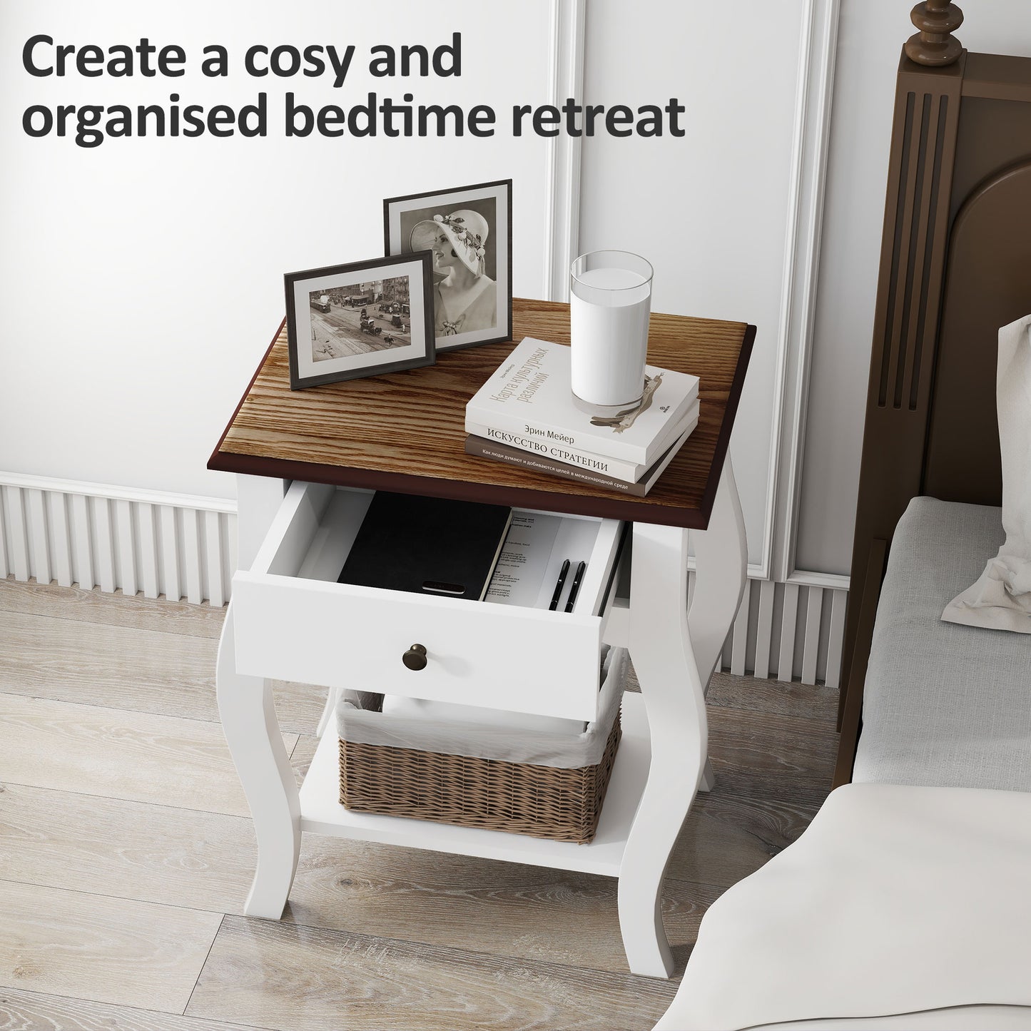 2pcs Bedside Tables with Drawer, French Style Bedside Cabinets with Open Shelf for Bedroom, Living Room, White