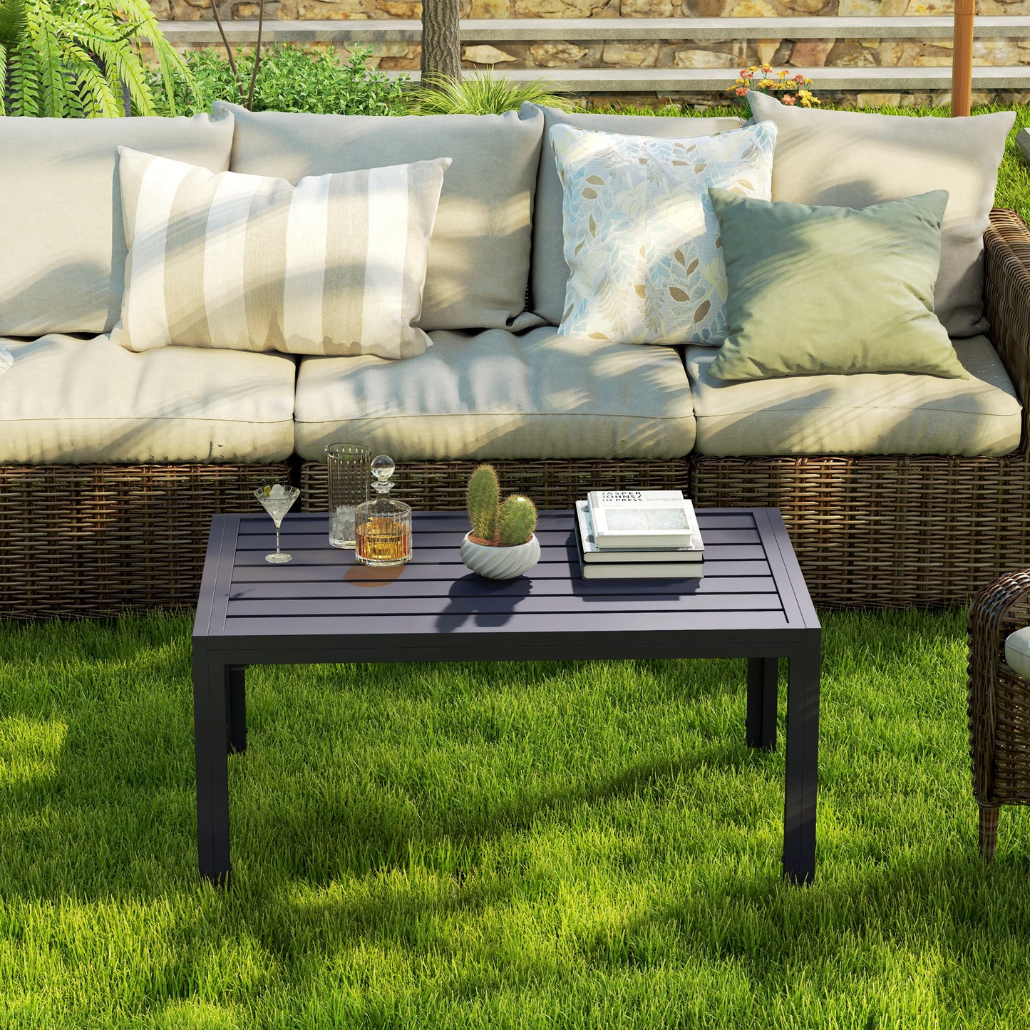 Outdoor Side Table, Rectangular Patio Coffee Side Table with Steel Frame and Slat Tabletop for Garden, Balcony, Grey