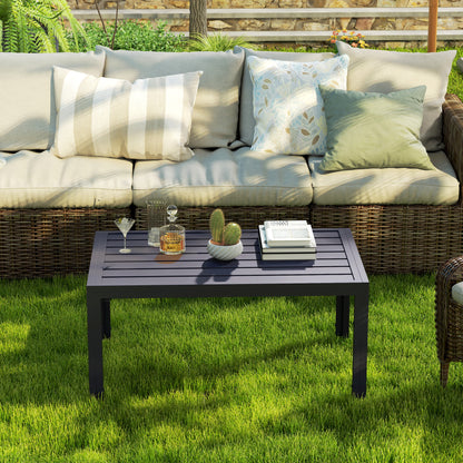 Outdoor Side Table, Rectangular Patio Coffee Side Table with Steel Frame and Slat Tabletop for Garden, Balcony, Grey