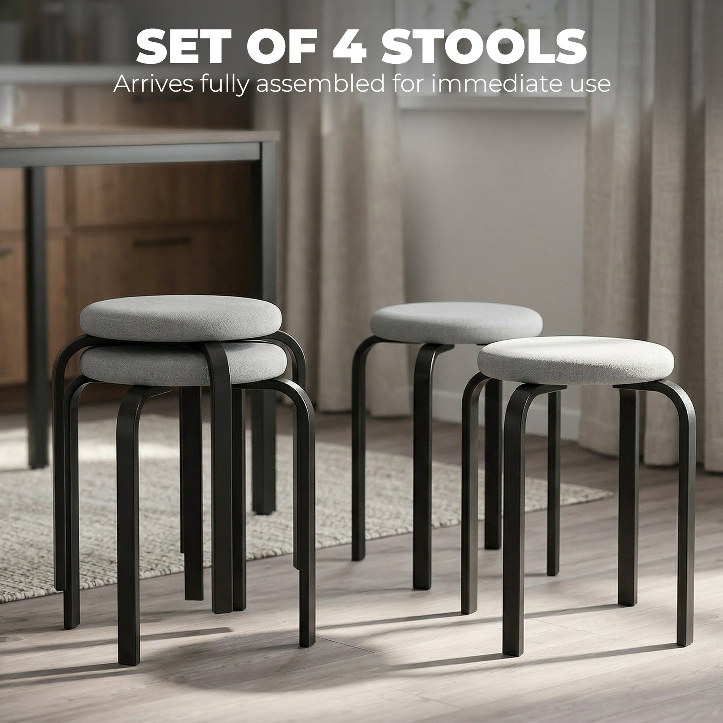 Stackable Stools Modern Cushioned Round Backless Stools Set of 4 Kitchen Dining Room Grey
