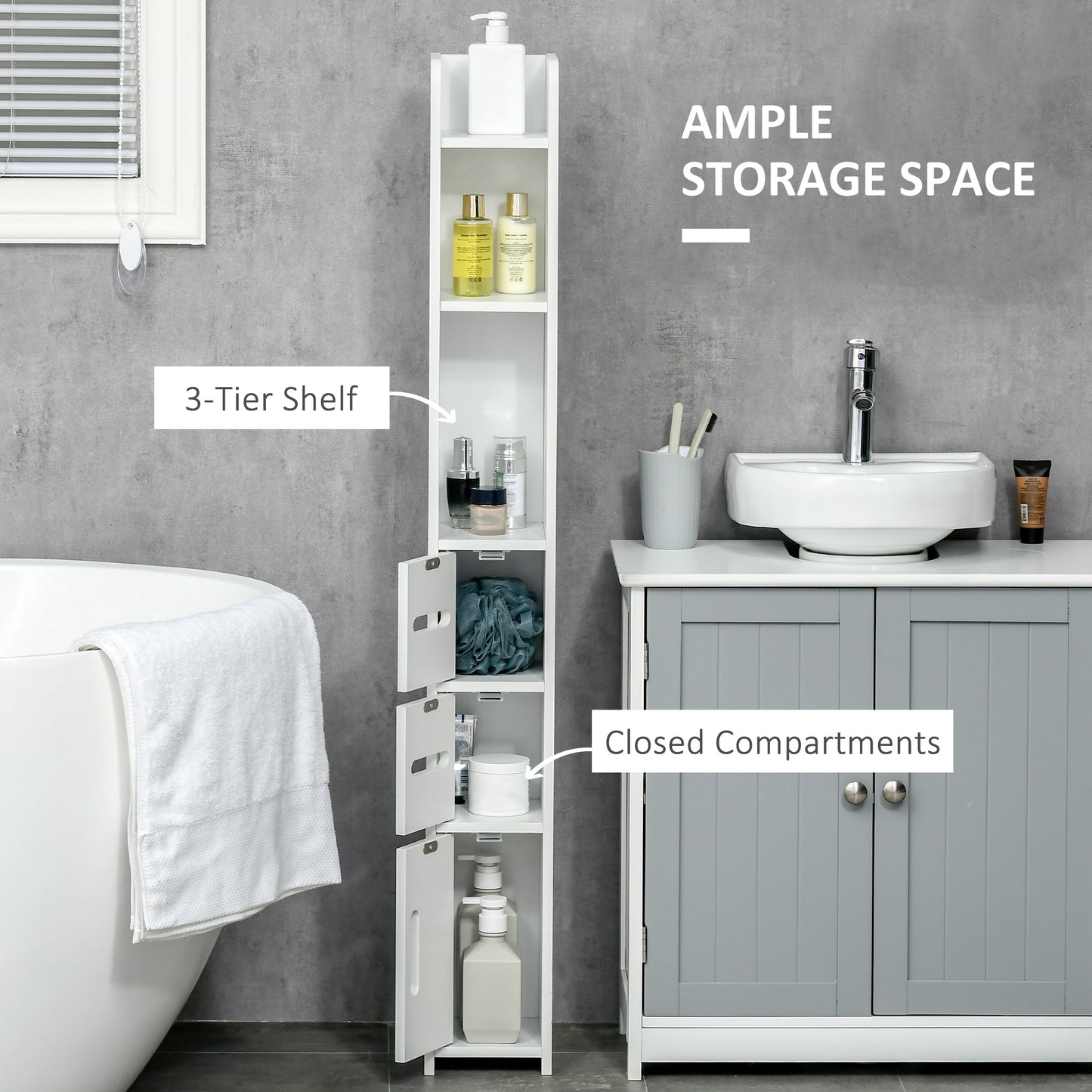 Modern Bathroom Storage Cabinet, Freestanding Tall Bathroom Cabinet with Open Shelves and 3 Cupboards with Door