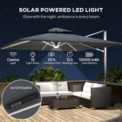 3(m) Garden Cantilever Parasol with Solar LED Lights, Cross Base, 360° Rotation, Crank Handle and Tilt, Grey
