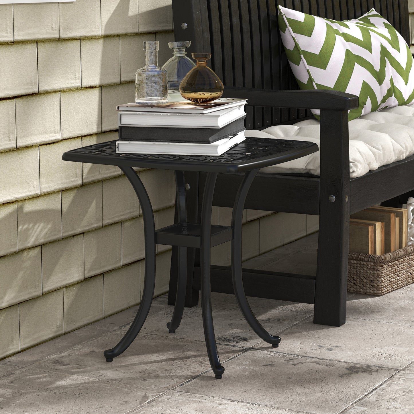 Cast Aluminium Bistro Table, Outdoor Square Side Table with Umbrella Hole, Garden Table for Balcony, Black