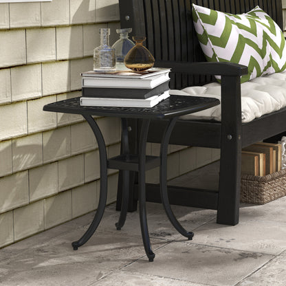 Cast Aluminium Bistro Table, Outdoor Square Side Table with Umbrella Hole, Garden Table for Balcony, Black