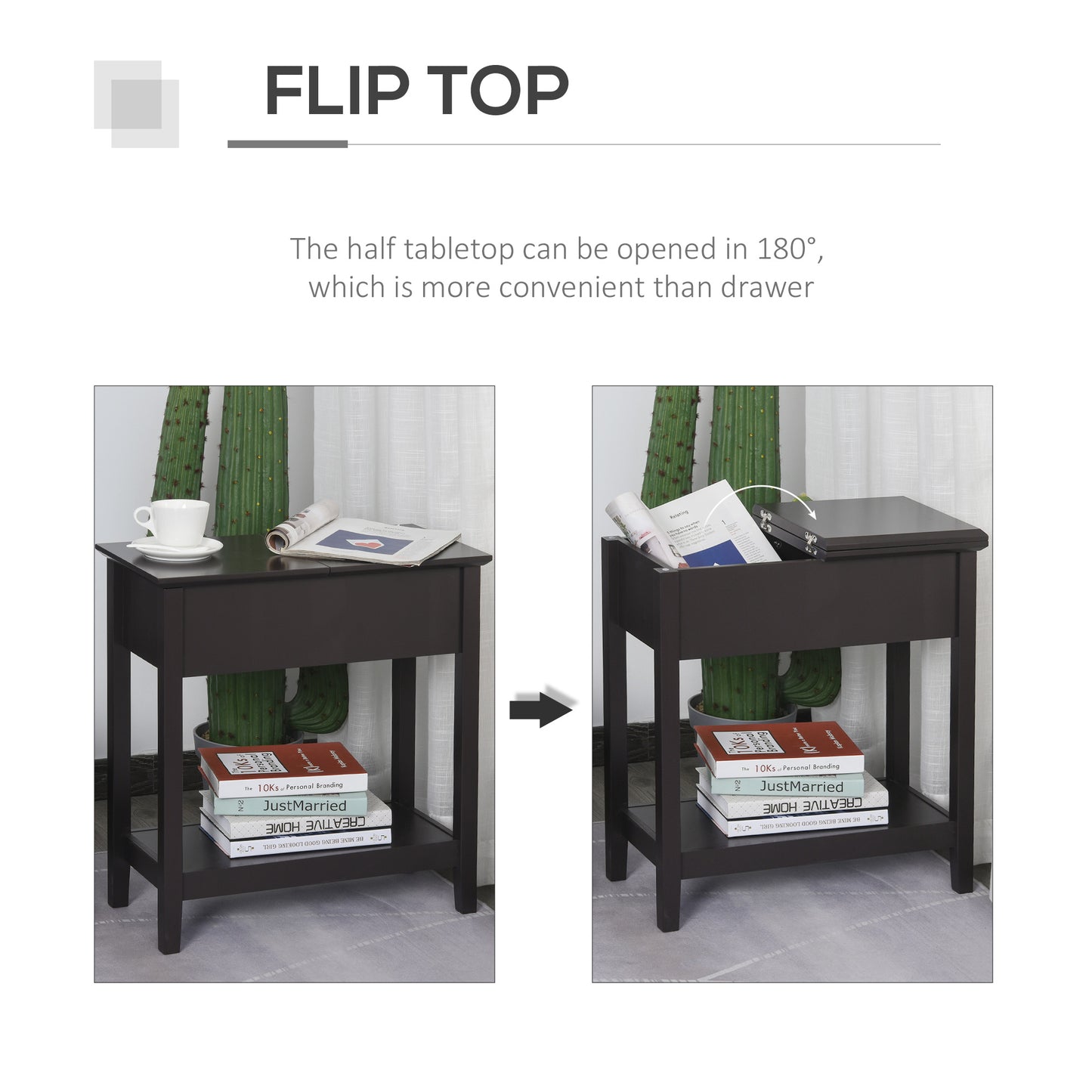 End Table, Narrow Side Table with Flip Top , Shelf, Dark Coffee