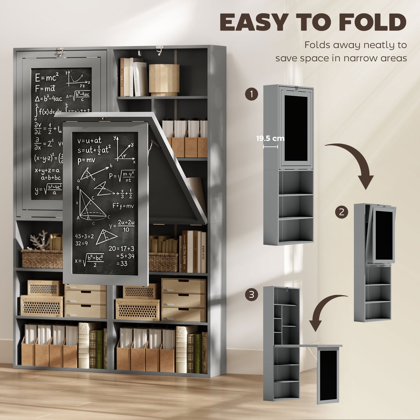 Folding Convertible Desk with Blackboard Multi-function Computer Office Workstation Side Shelf, Grey