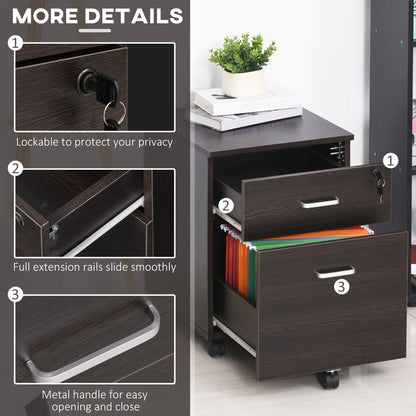 2-Drawer Locking Office Filing Cabinet w/ 5 Wheels Rolling Storage Hanging A4 Cupboard Home Organisation Black Wood Grain