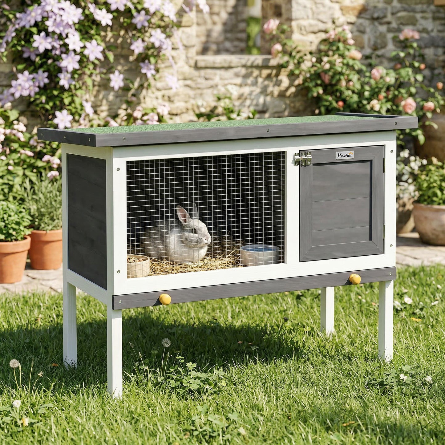 Wooden Rabbit Hutch, Guinea Pig Hutch with Asphalt Roof, Outdoor Elevated Bunny House for Rabbits, Chinchillas