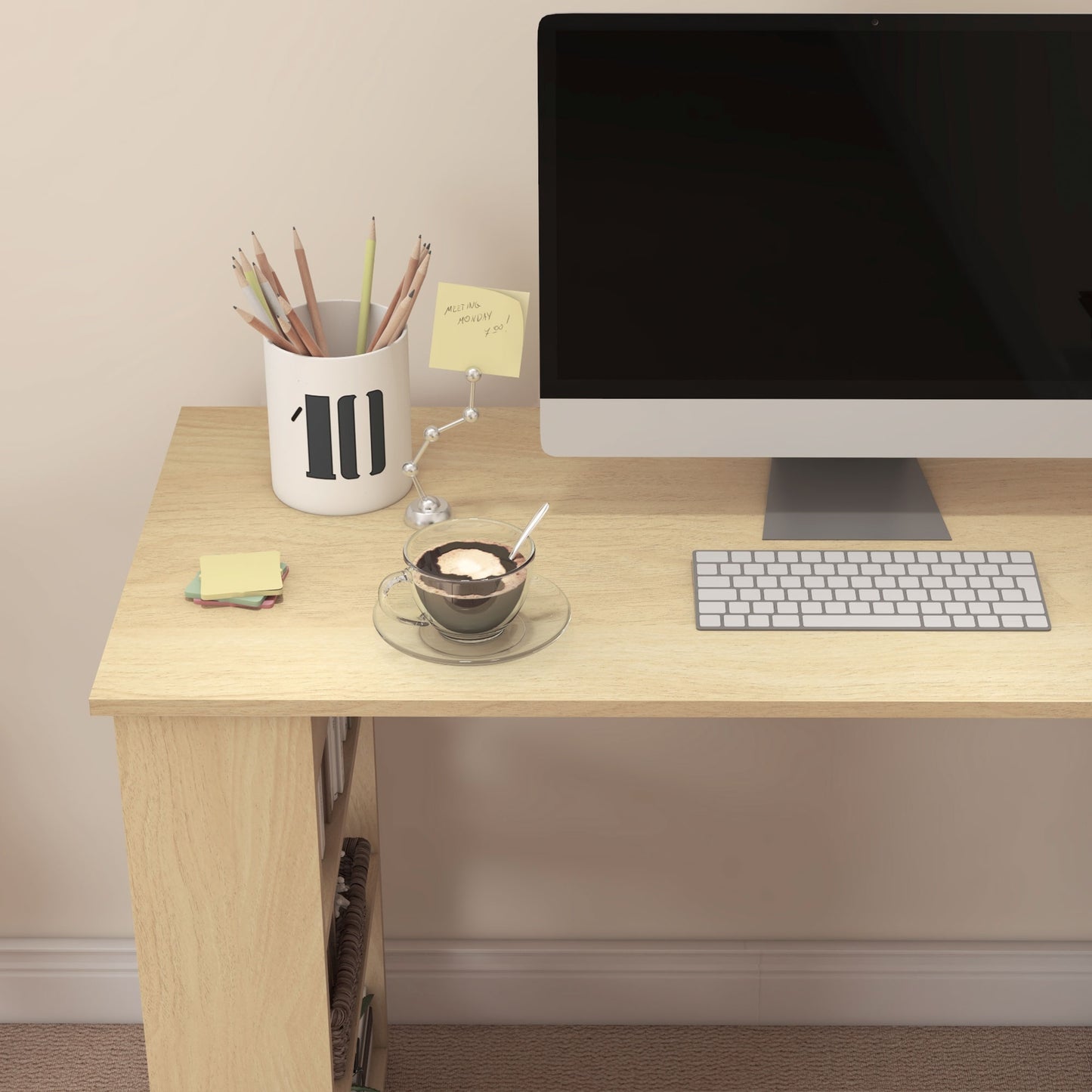 Corner Computer Desk, L Shaped Desk with 360° Rotating Bookshelf, 120L x 110W x 74.5H cm, Natural and White