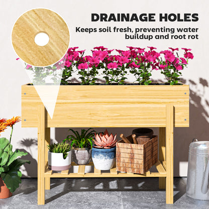 Wooden Raised Garden Bed, Elevated Planter Box with Bed Liner, Drainage Holes and Storage Shelf
