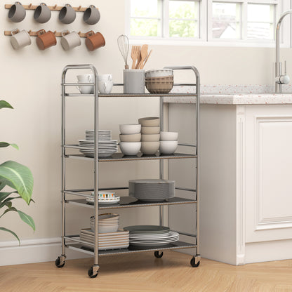 4 Tier Stainless Steel Kitchen Storage Trolley with Adjustable Shelves - Silver
