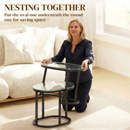 Nest of Tables with Steel Frame and Tempered Glass Tabletop, Modern Coffee Table Set of 2, Black