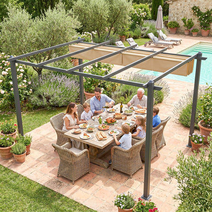 3 x 4m Aluminium Pergola, with Retractable Roof - Khaki