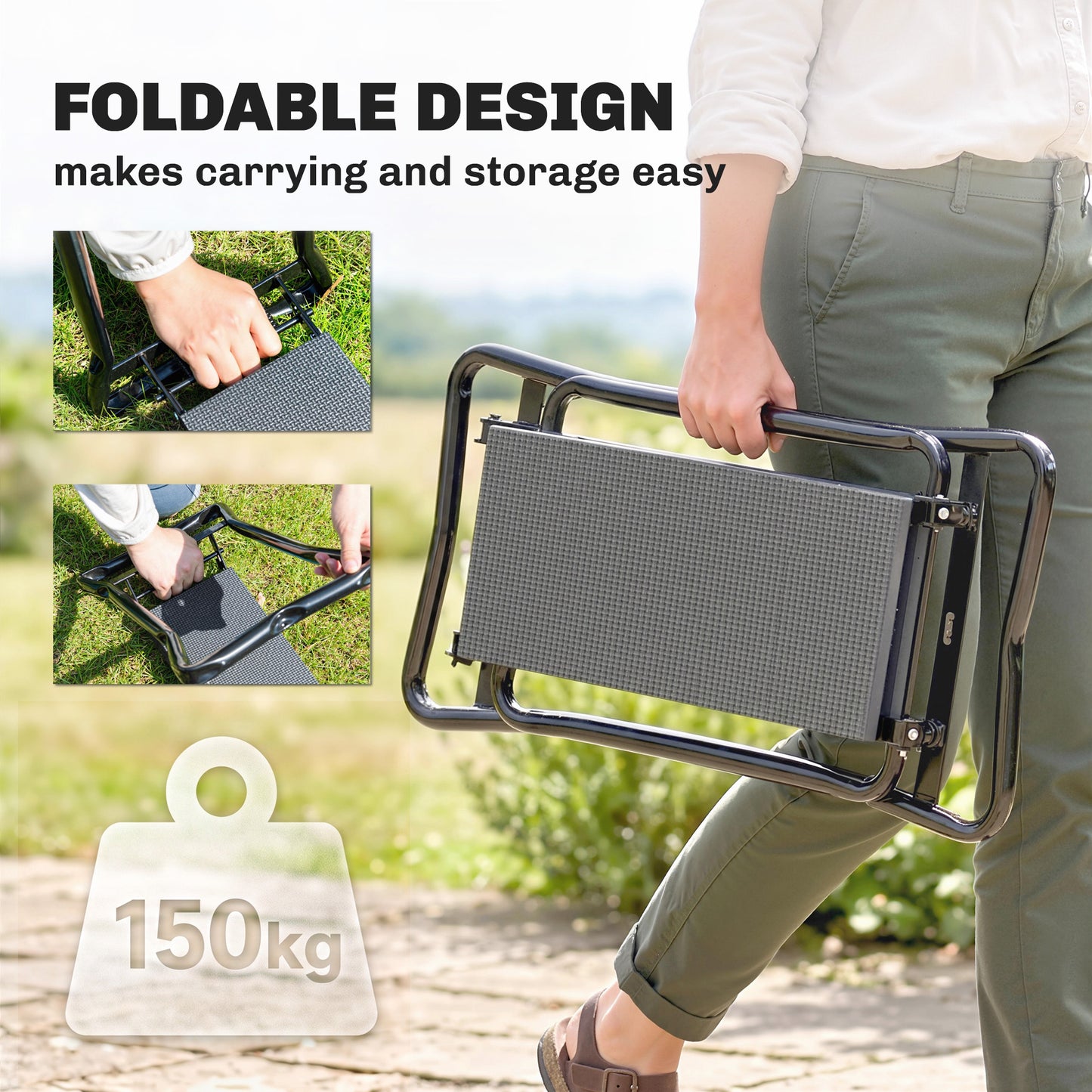 Steel Frame Padded Garden Kneeler, with Tool Bag - Grey