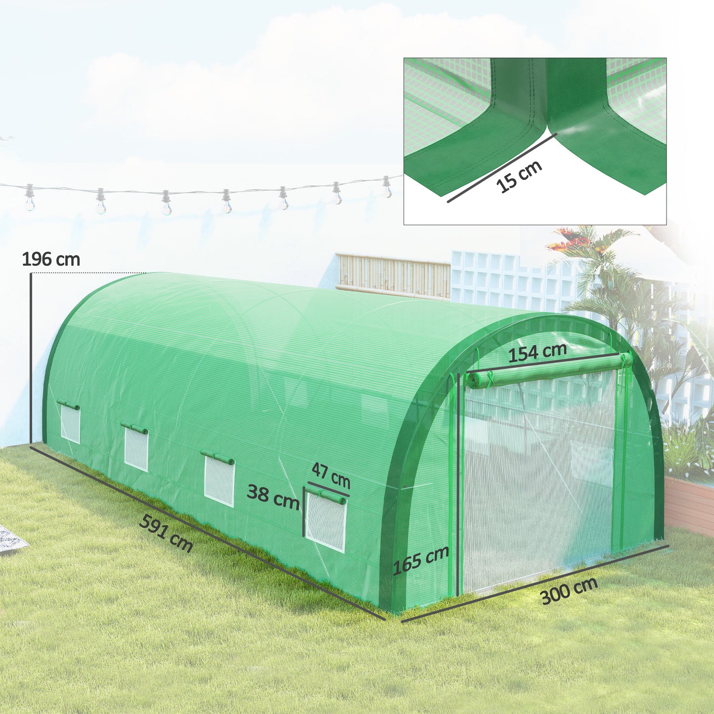 6 x 3(m) Polytunnel Greenhouse with Upgraded Structure, Mesh Door and Windows, 15 Plant Labels, Green