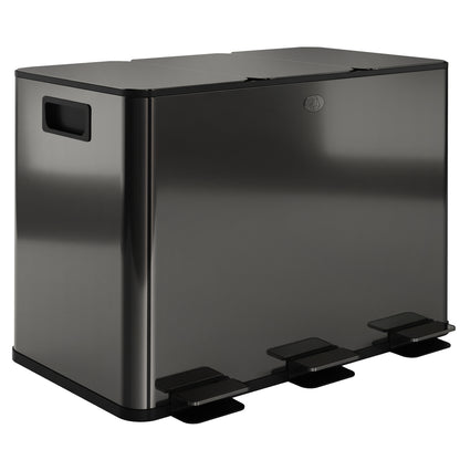 3 x 15L Pedal Bin, Steel Triple Kitchen Bin with Soft Close Lid, Removable Inner Buckets, Fingerprint-Proof, Black